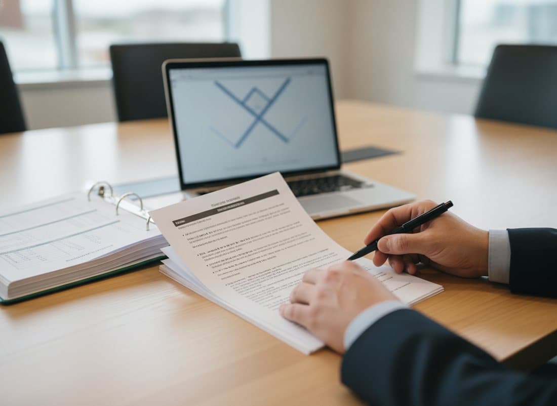 A consultant reviewing a printed procedures document beside an open binder and a laptop in a bright conference room, preparing for a certification audit.