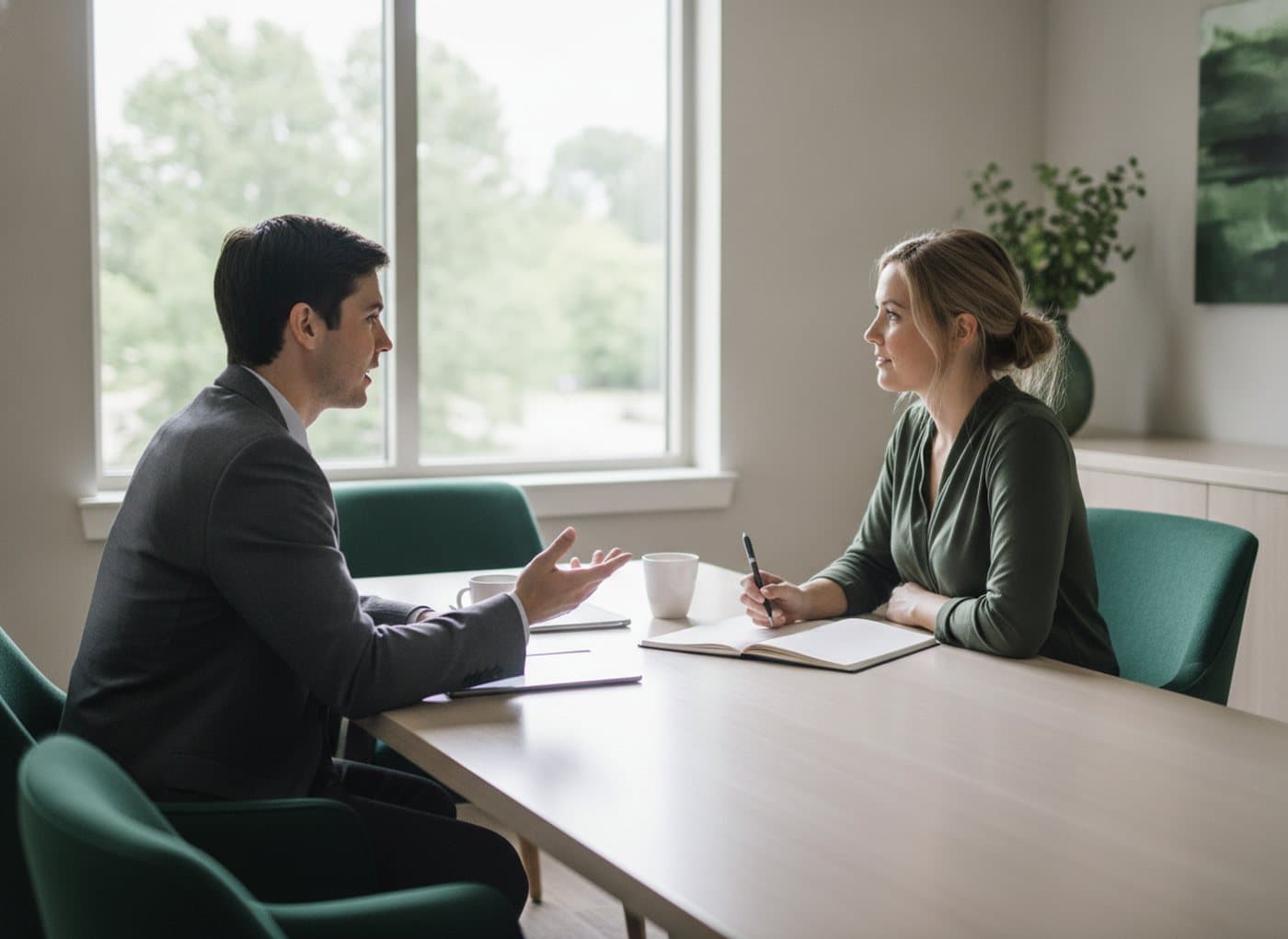 A CommandTec advisor and a client talking across a table over notes and coffee in a bright office during a free consultation.
