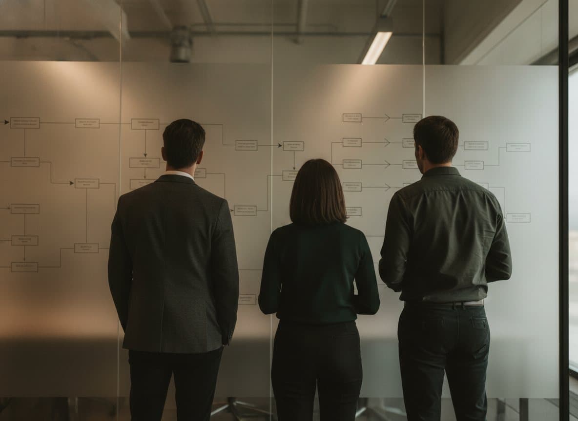 Three professionals viewed from behind at a glass partition covered in process-flow diagrams; no faces visible.