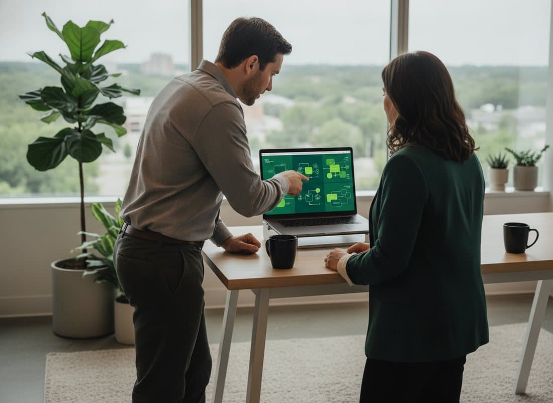 Two colleagues at a standing desk reviewing a process-flow diagram on a laptop by a bright office window, building a CMMI process system together.