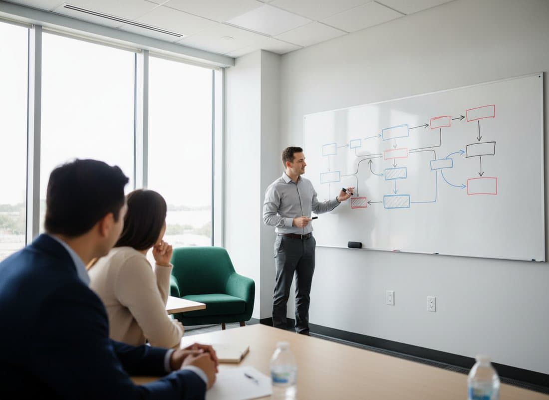 An instructor at a whiteboard explaining a process flow diagram to two seated colleagues in a bright meeting room.